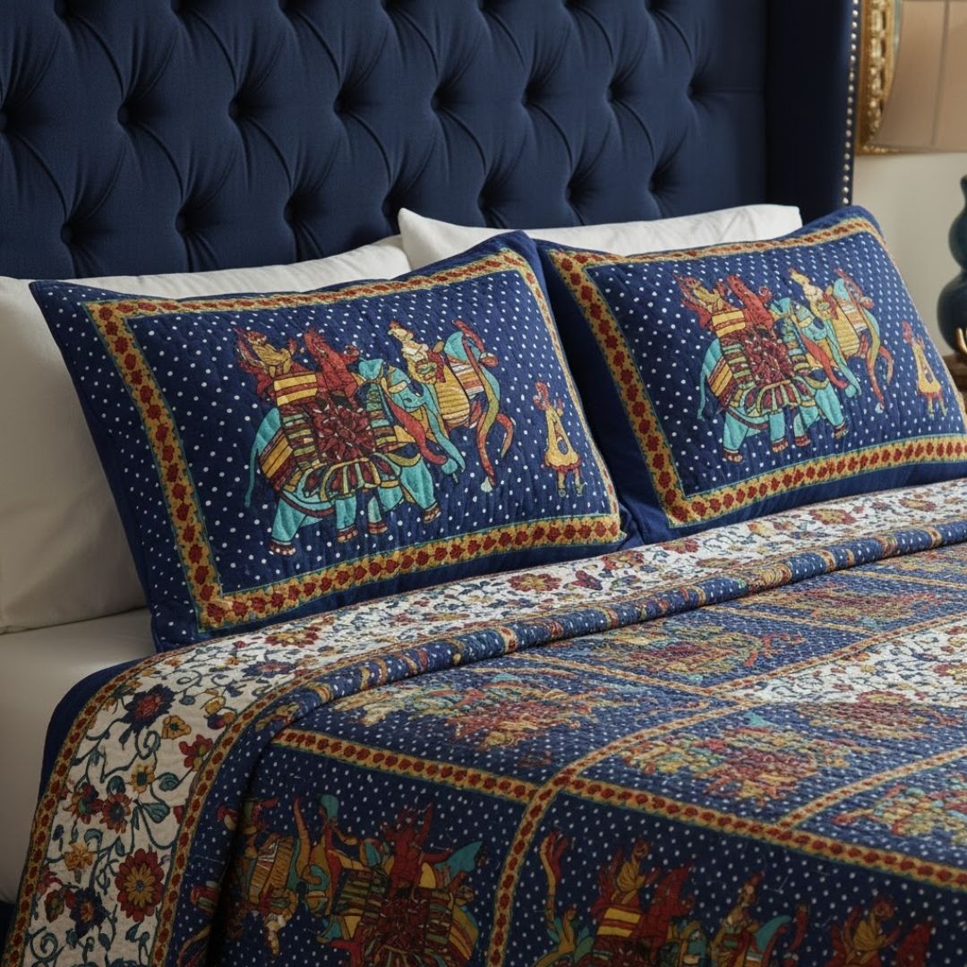 Blue Border Big Elephant Printed Cotton Double Bed Sheet